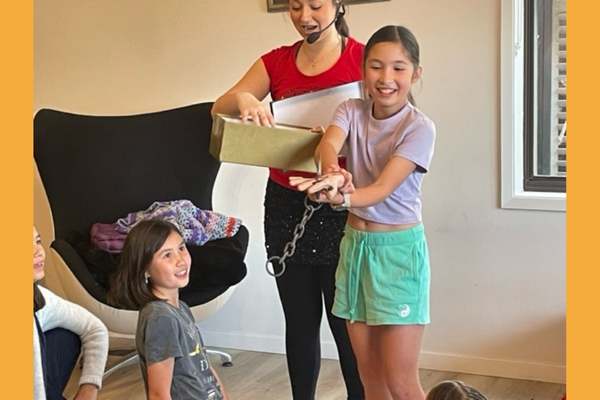 Solve the Mystery Party | Bop till you Drop Bop's party host and kids at a Solve the Mystery Party